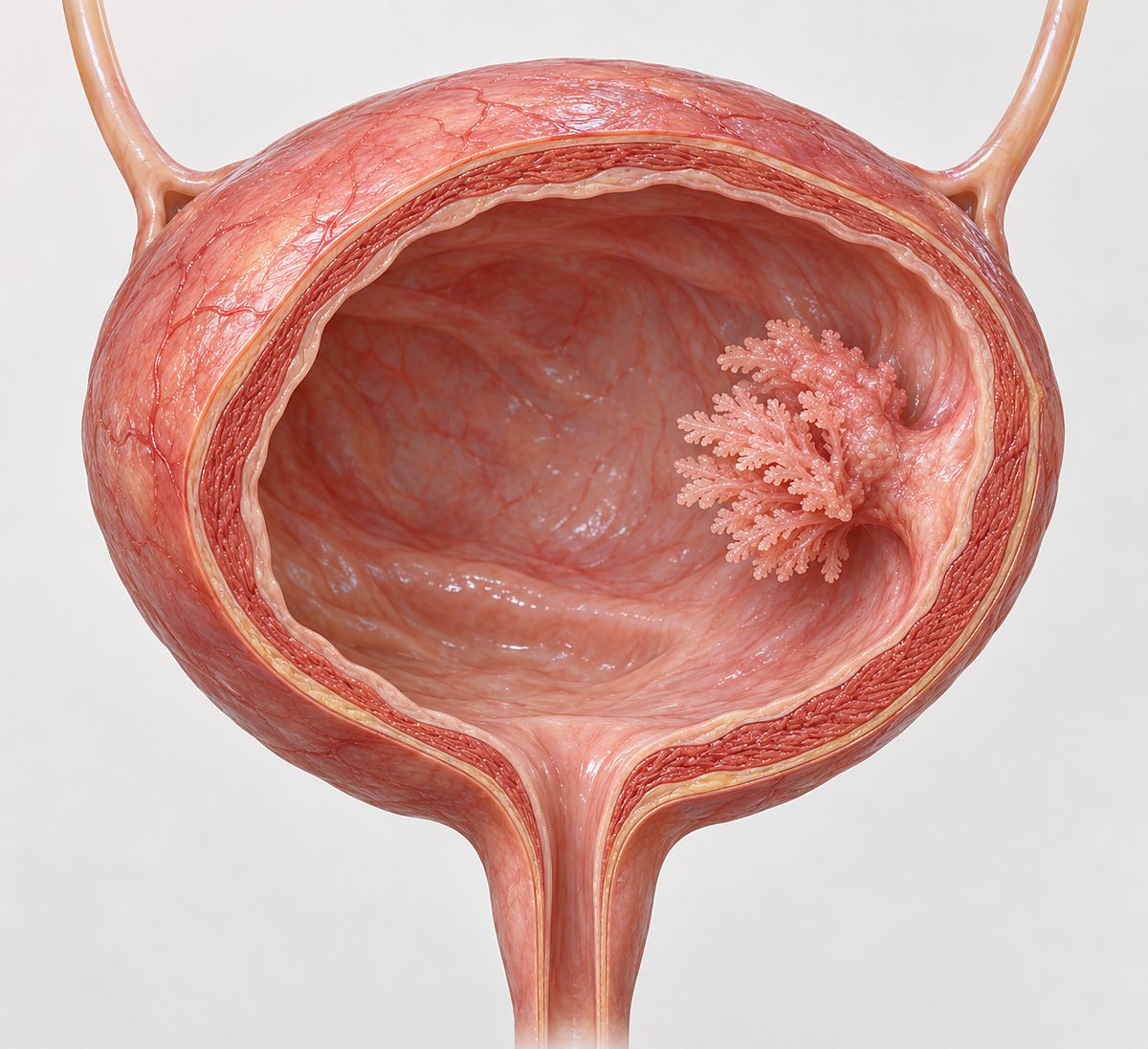 Illustration of the bladder cut open, with a tumour growing from its inner lining