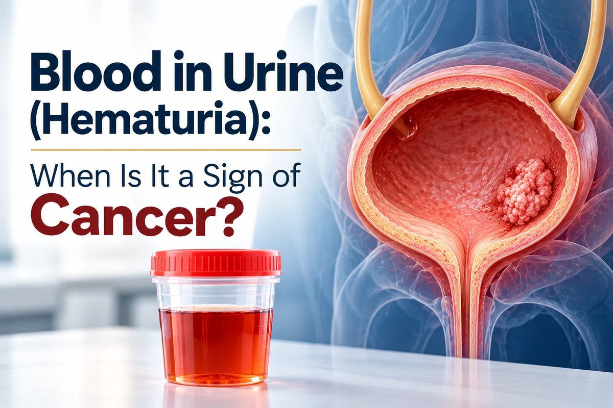 Illustration of a bladder cut open with a tumour on its inner wall, beside a sample cup of blood-stained urine
