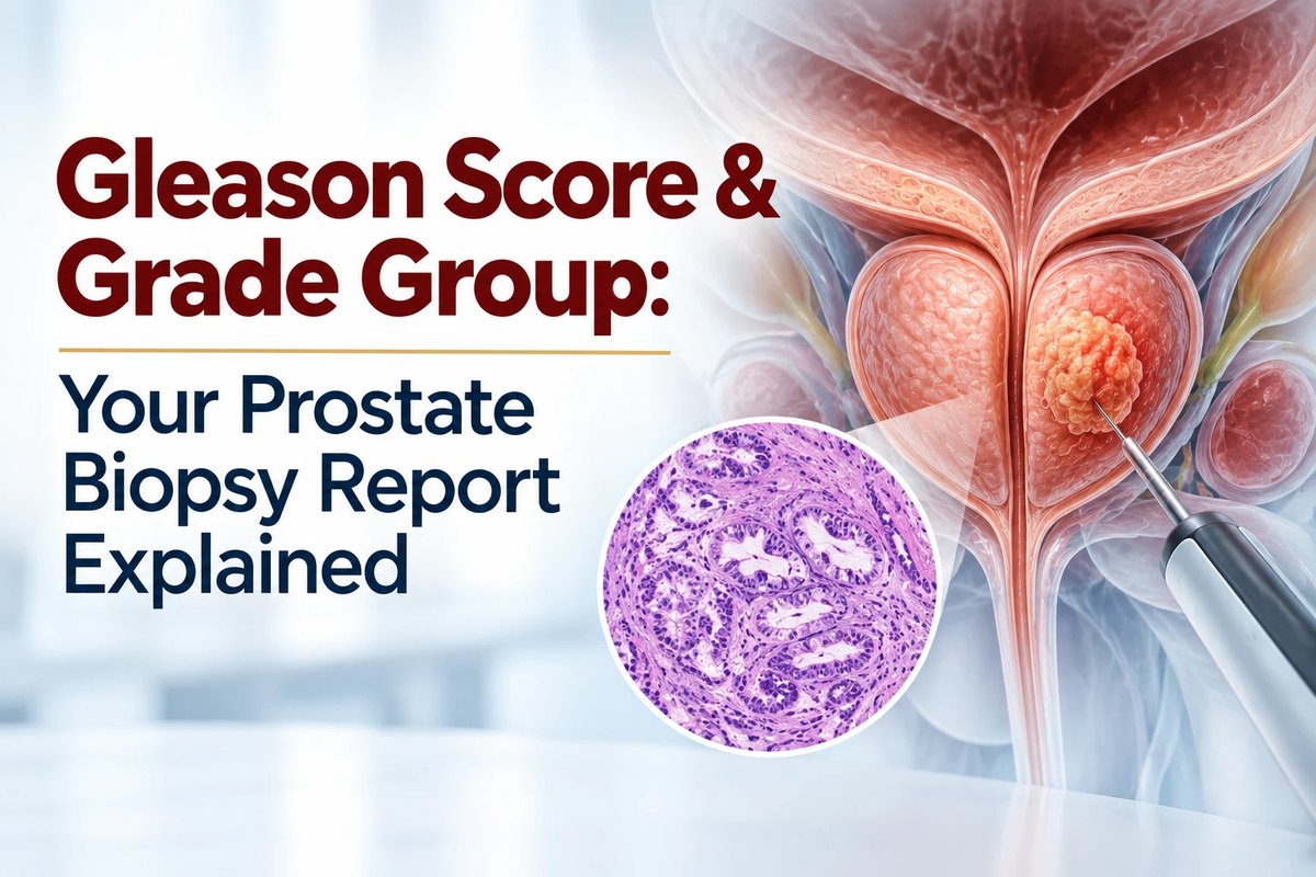 Illustration of the prostate with a tumour in one lobe and a microscope view of glands from a biopsy sample