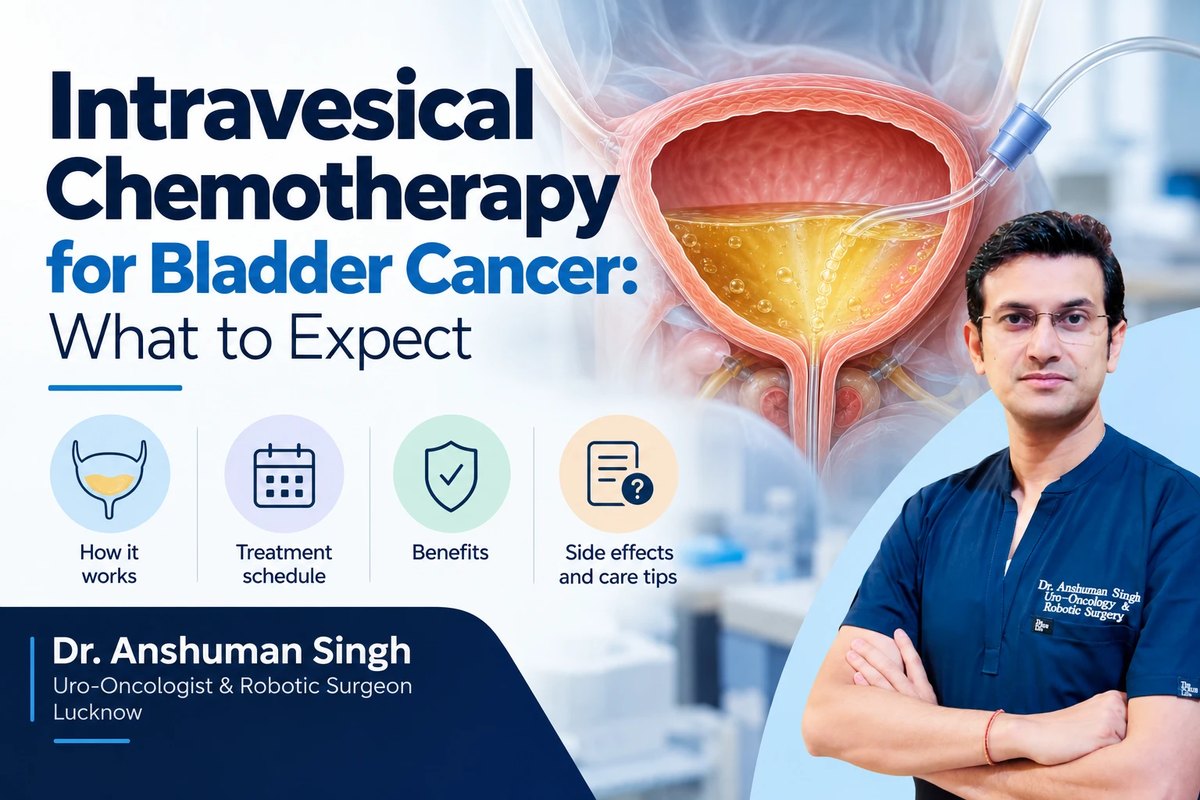 Illustration of a bladder cut open with a catheter instilling chemotherapy solution into it, with icons for how it works, schedule, benefits and side effects
