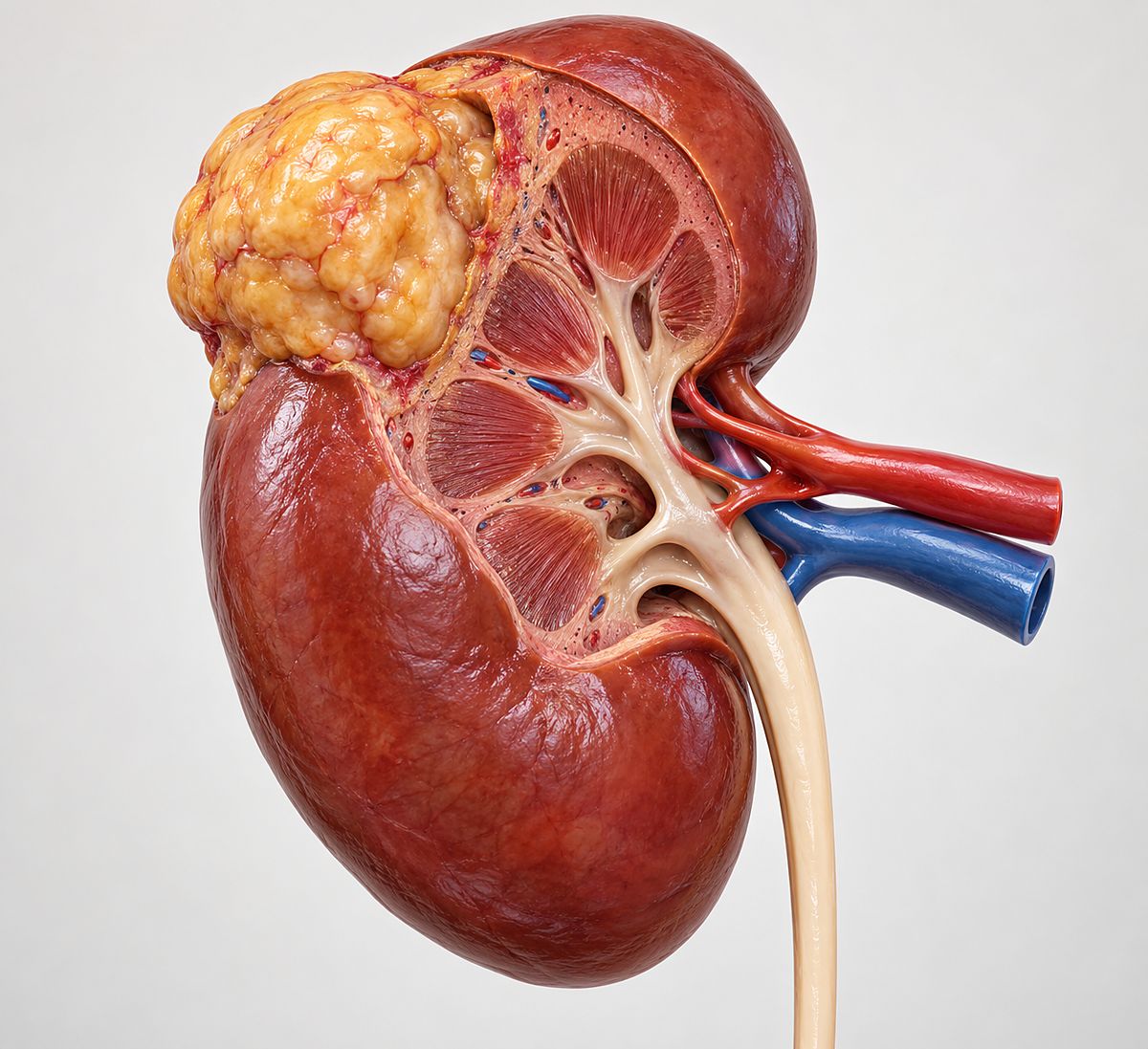 Illustration of a kidney cut open, with a tumour growing from its upper part