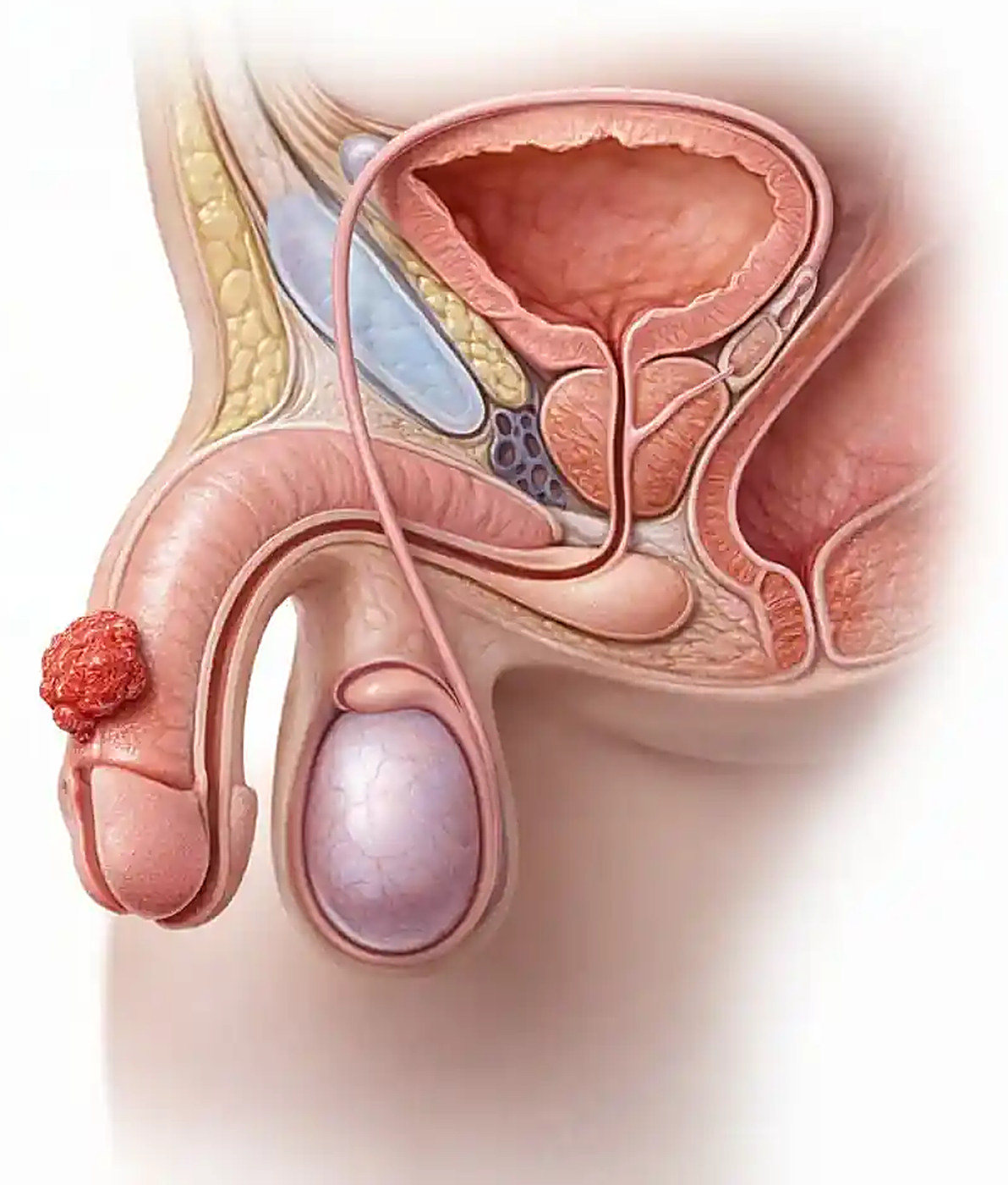 Illustration of the male pelvis from the side, with a tumour on the head of the penis