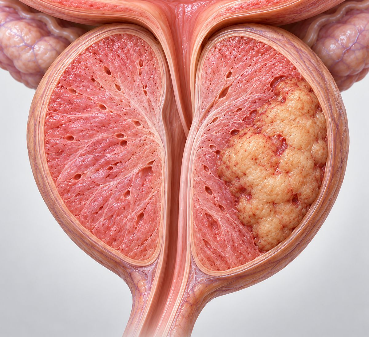 Illustration of the prostate cut open, with a tumour in one side of the gland