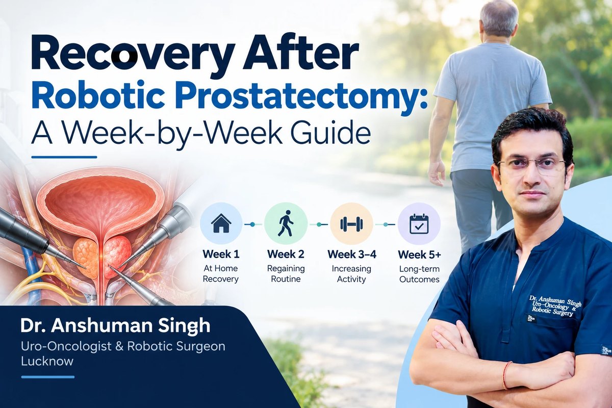 Recovery after robotic prostatectomy: a man walking outdoors, an illustration of the prostate with robotic instruments, and a four-stage recovery timeline