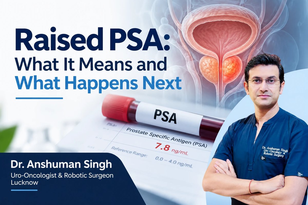 A PSA blood sample tube on a lab report showing a raised value, with an illustration of the prostate and Dr Anshuman Singh
