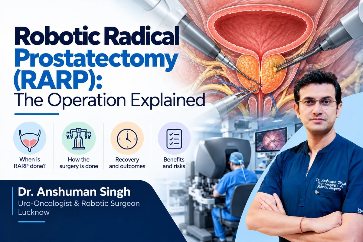 Illustration of robotic instruments operating around the prostate and its nerves, with a surgeon at the robotic console