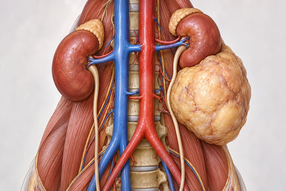 Illustration of a large tumour behind the abdomen, next to a kidney and the major blood vessels
