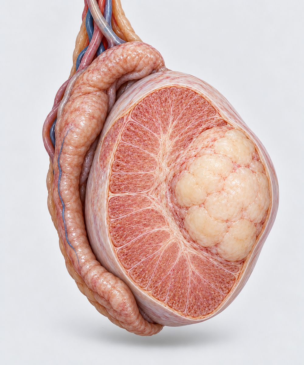 Illustration of a testis cut open, with a tumour inside it