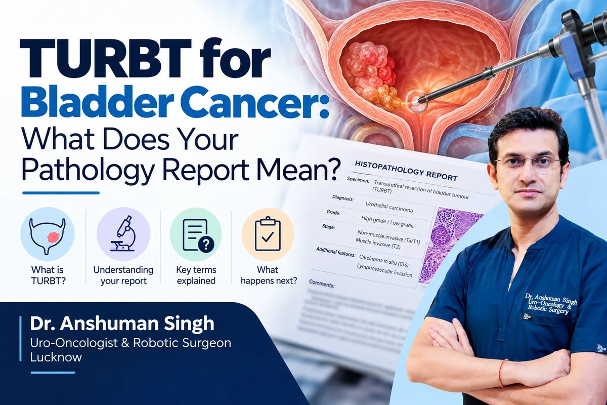 Illustration of a bladder tumour being resected through a scope, beside a sample TURBT histopathology report